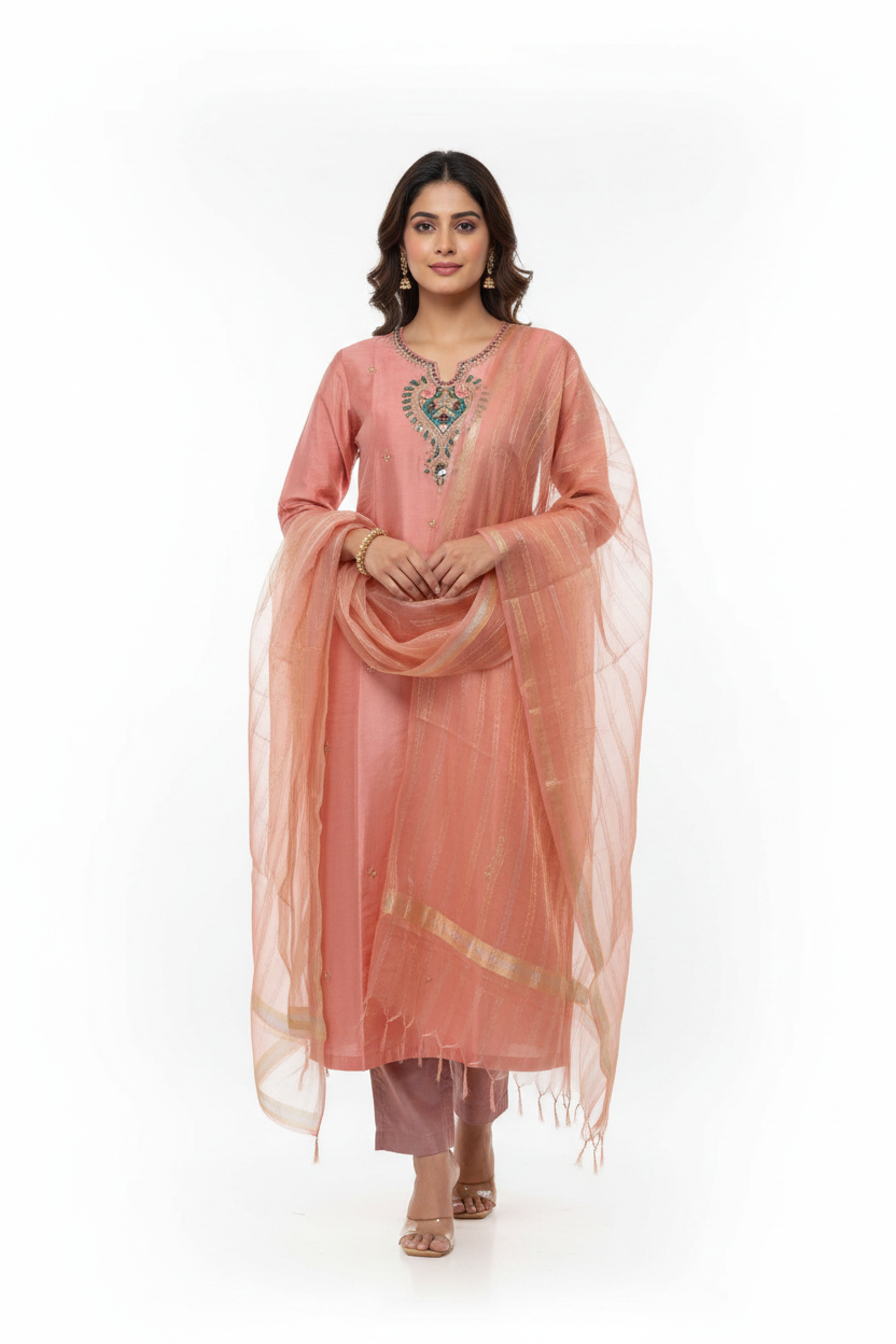 Elegant Peach Embroidered Suit Set with Organza Dupatta – Festive & Traditional Wear