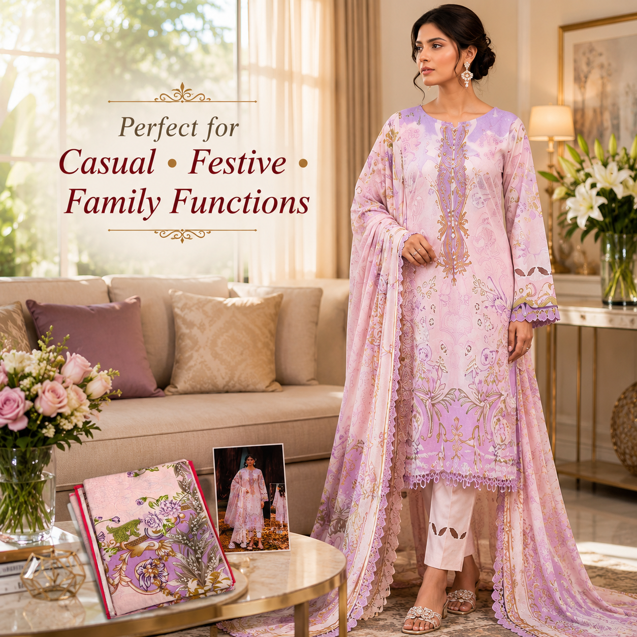 Premium Unstitched Dress Material – Pink & Lavender Floral Print