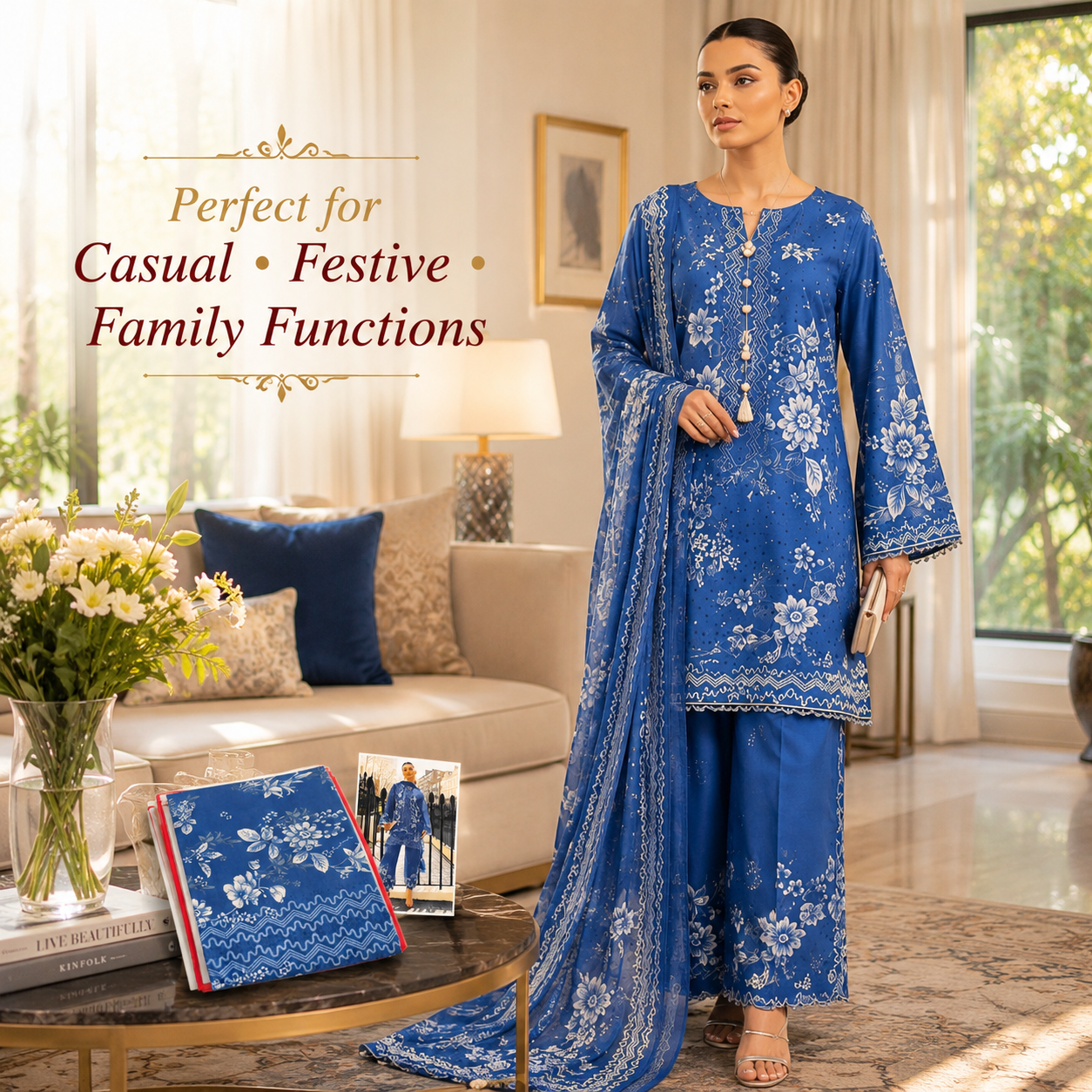 Premium Unstitched Dress Material – Royal Blue Floral Print