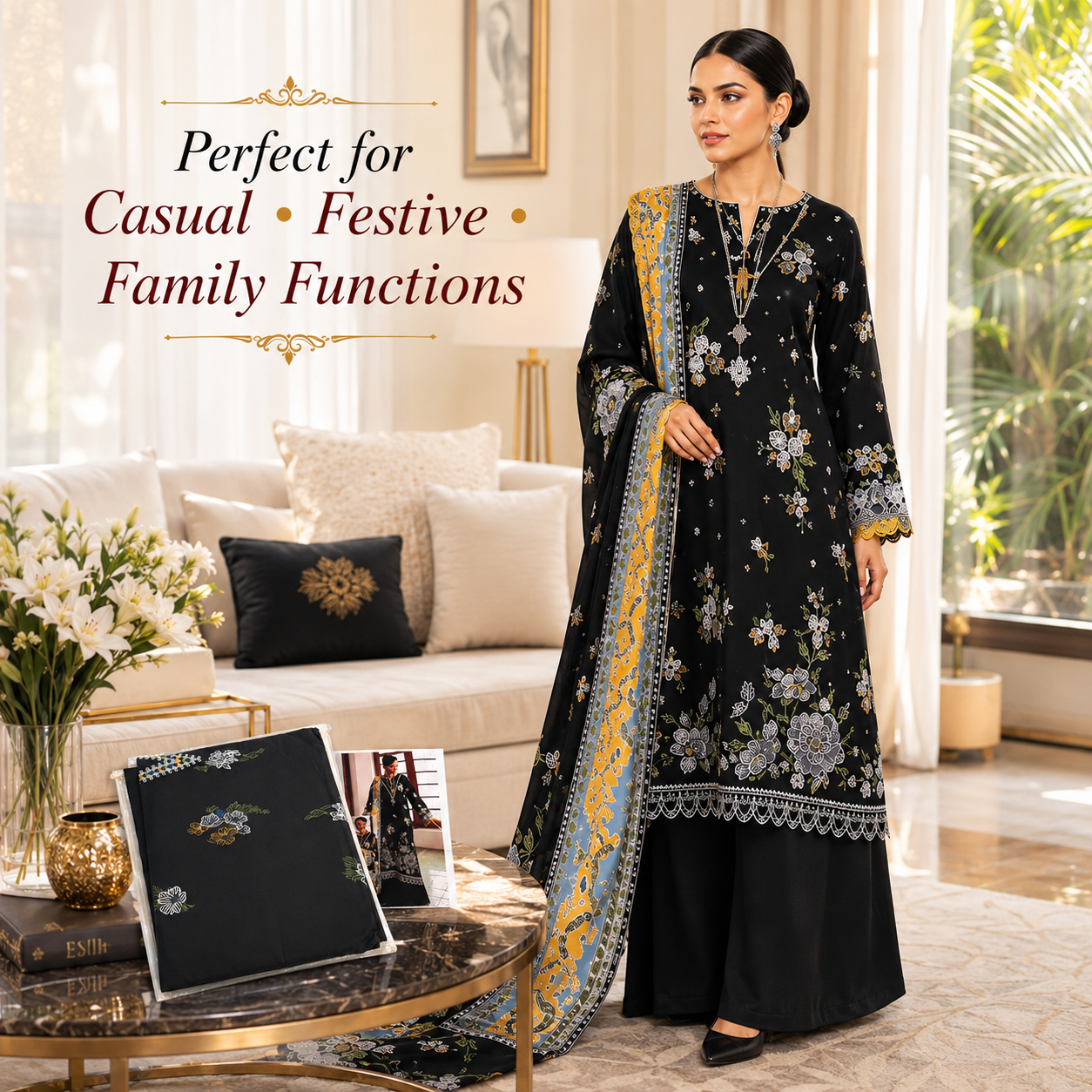 Premium Unstitched Dress Material – Black Embroidered Floral