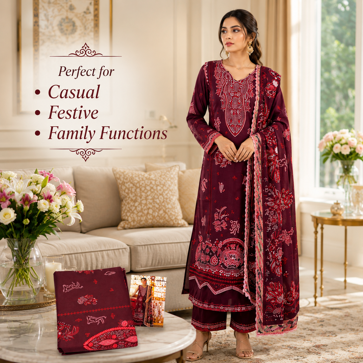 Premium Unstitched Dress Material – Maroon Bandhani Paisley Print