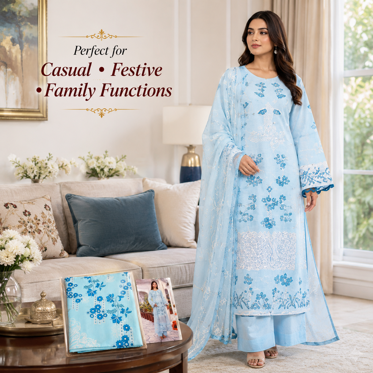 Premium Unstitched Dress Material – Sky Blue Floral Print