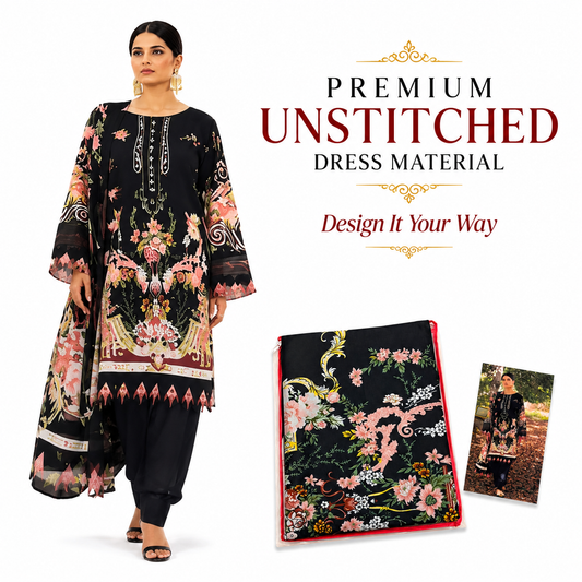 Premium Unstitched Dress Material – Black Pink Floral Print