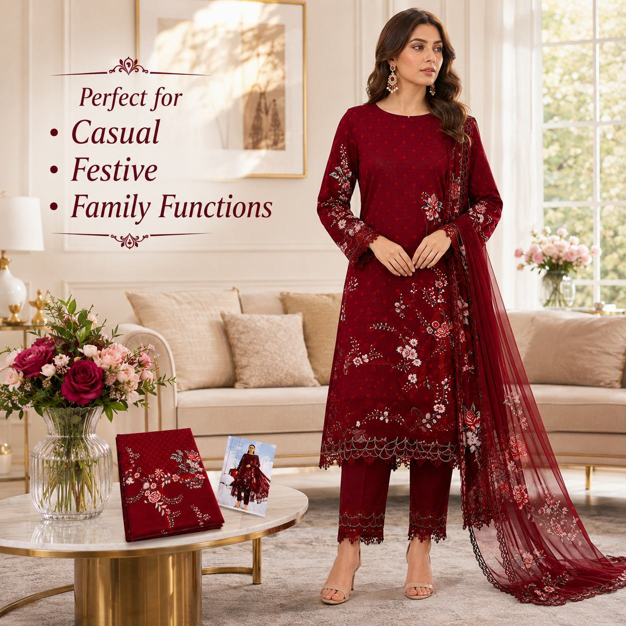 Premium Unstitched Dress Material – Deep Red Polka Floral Print