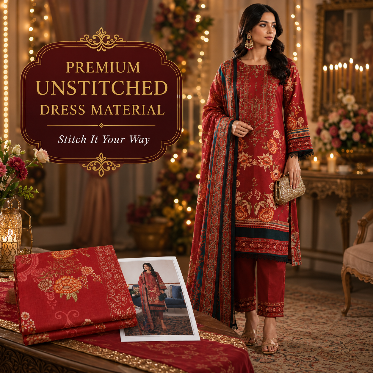 Premium Unstitched Dress Material | Red Floral Print | Non-Stretch Fabric