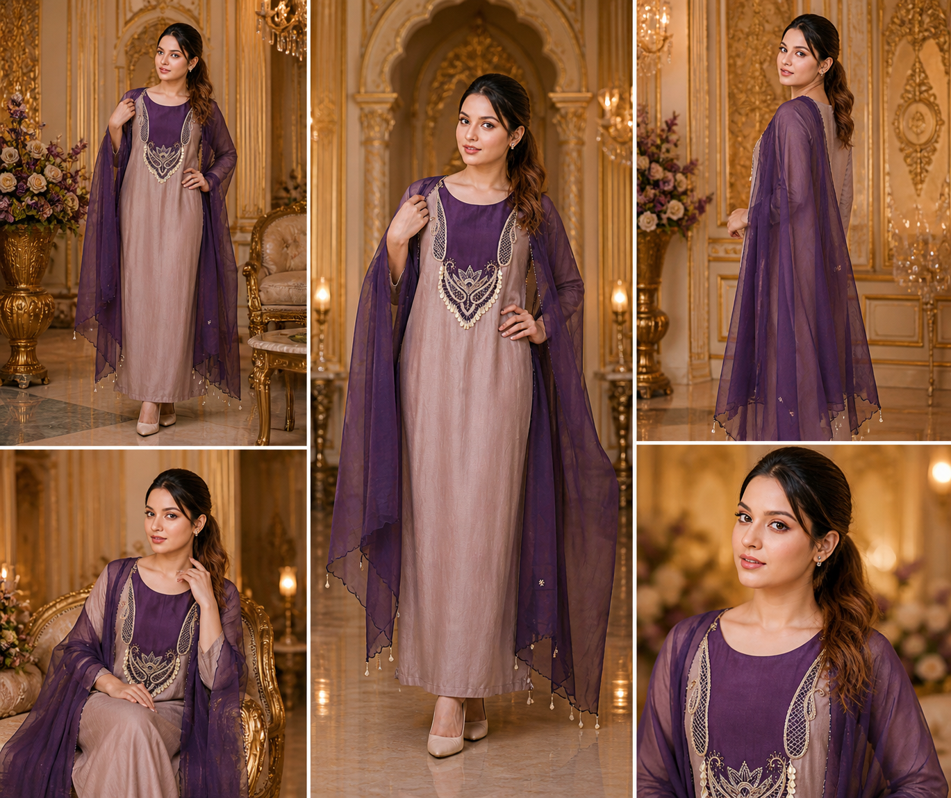 Elegant Mauve Suit with Purple Organza Dupatta – Embroidered Party Wear for Women
