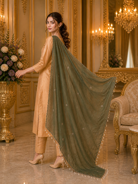 Elegant Beige & Olive Embroidered Suit – Festive & Party Wear
