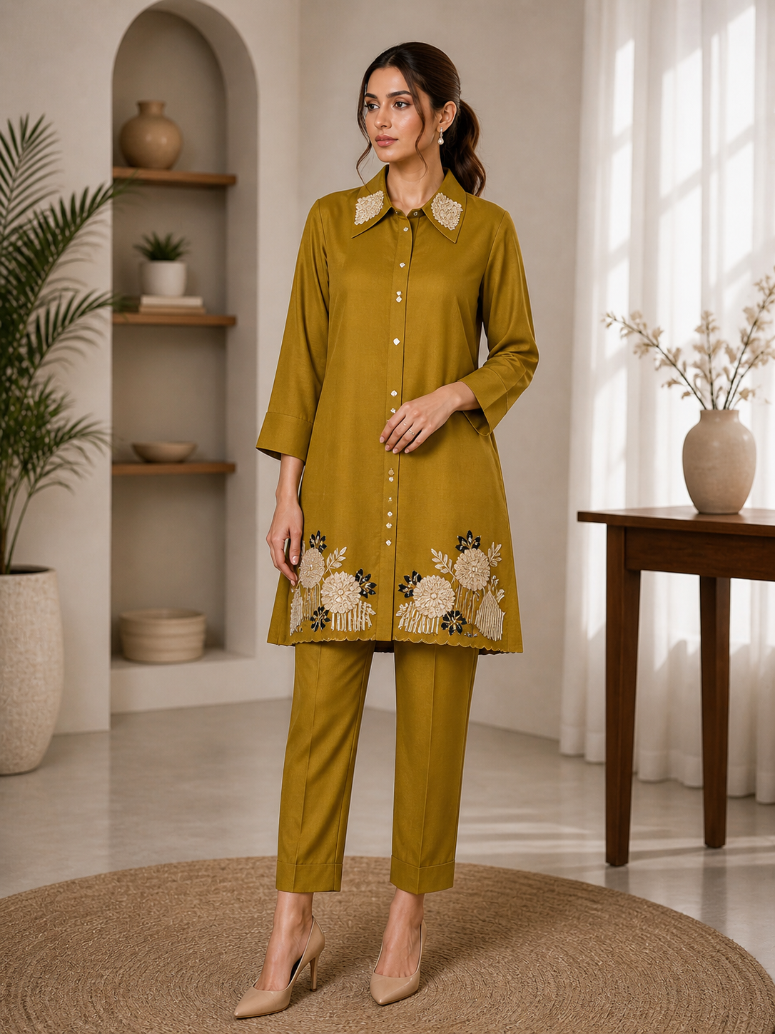 Elegant Mustard Royal Co-Ord Set with Floral Embroidery – Stylish Ethnic Wear for Women