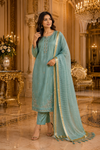 Elegant Sea Green Long Suit with Neck Work Design & Palazzo Pants – Festive Ethnic Wear for Women
