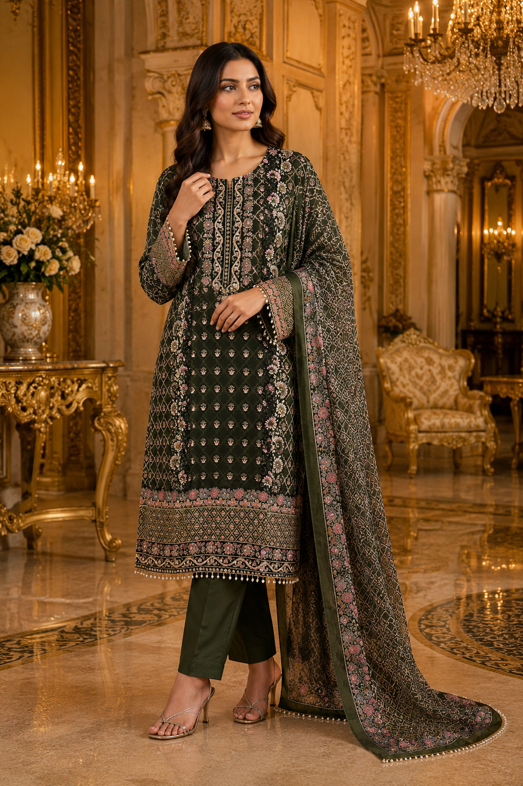 Elegant Dark Green Long Suit with Neck Work Design & Palazzo Pants – Premium Festive Ethnic Wear for Women