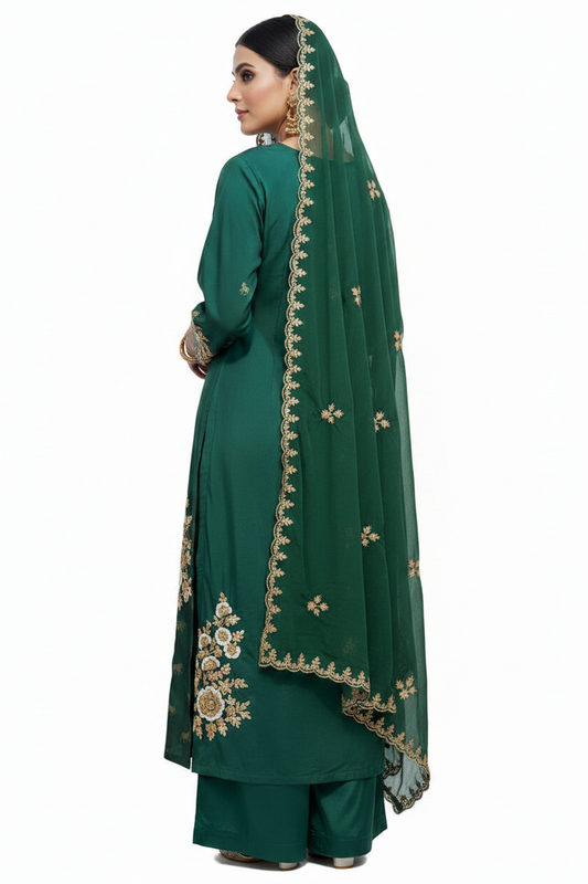 Royal Emerald Green Embroidered Suit Set with Dupatta for Women