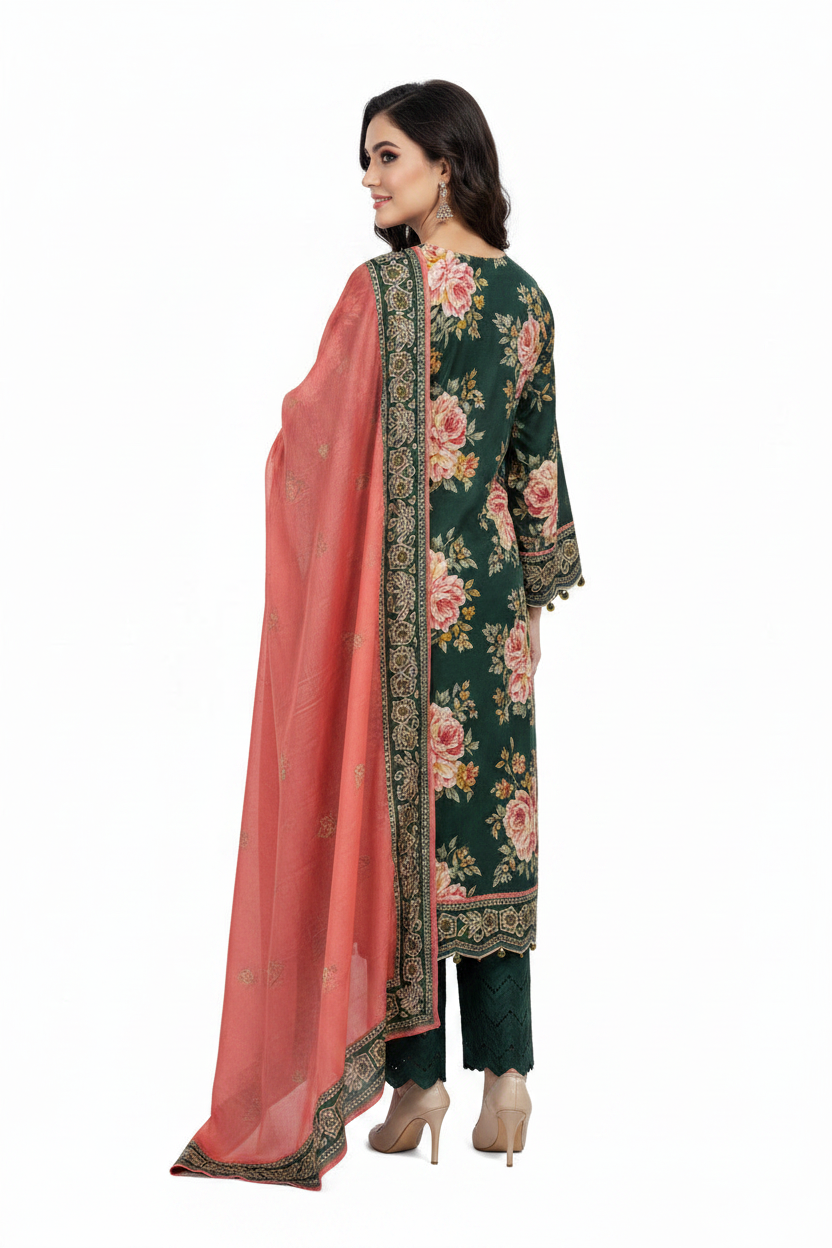 Dark Green Floral Printed Suit with Peach Dupatta