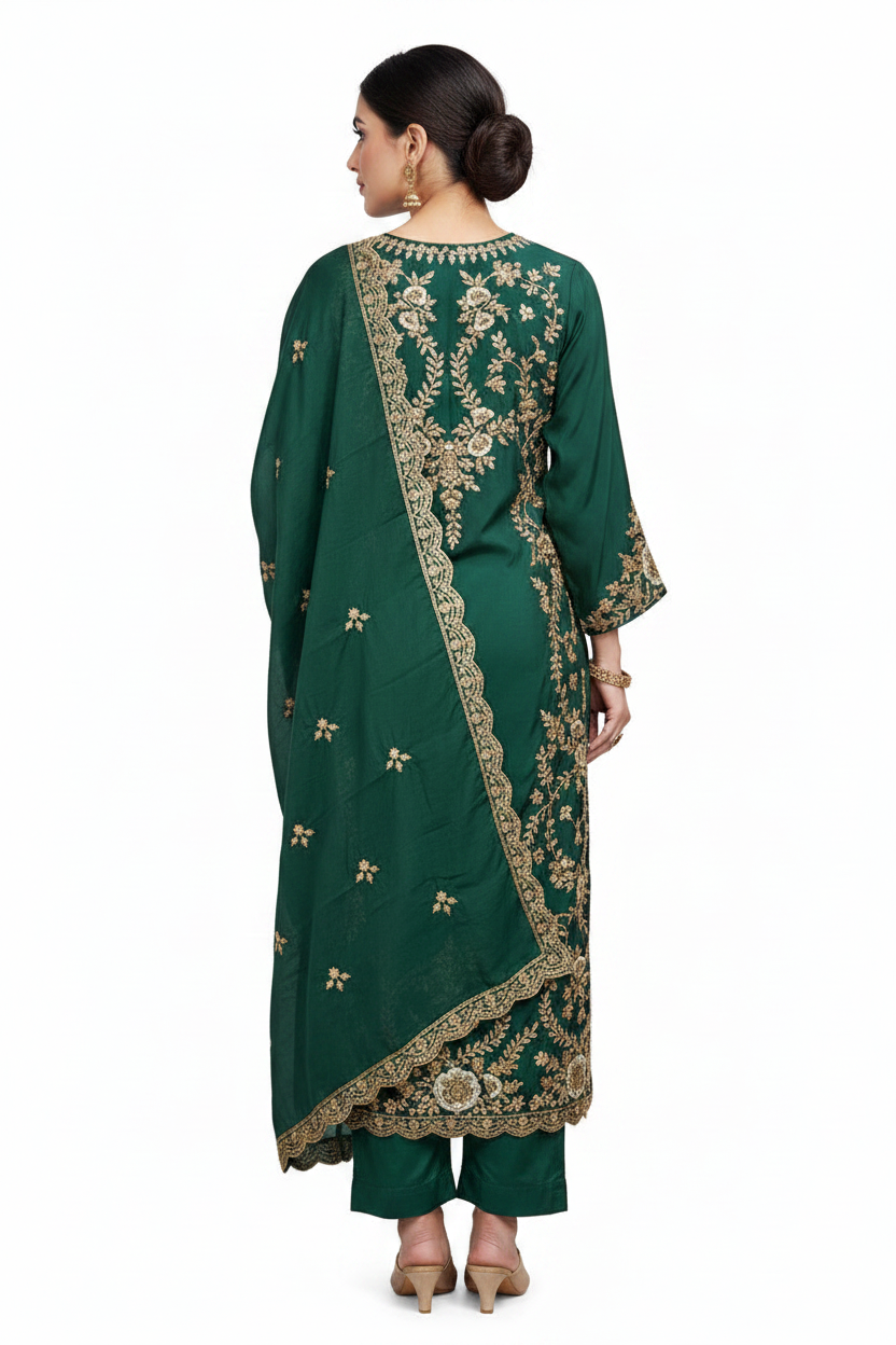 Emerald Green Embroidered Straight Kurta with Dupatta
