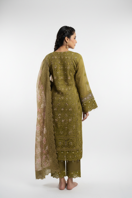 Olive Gold Embroidered Cotton Suit