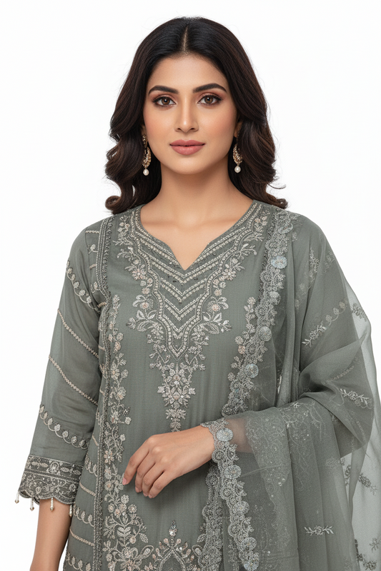 Sage Grey Straight Kurta with Palazzo Set
