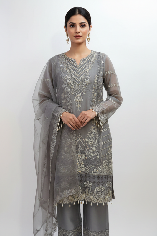 Sage Grey Straight Kurta with Palazzo Set