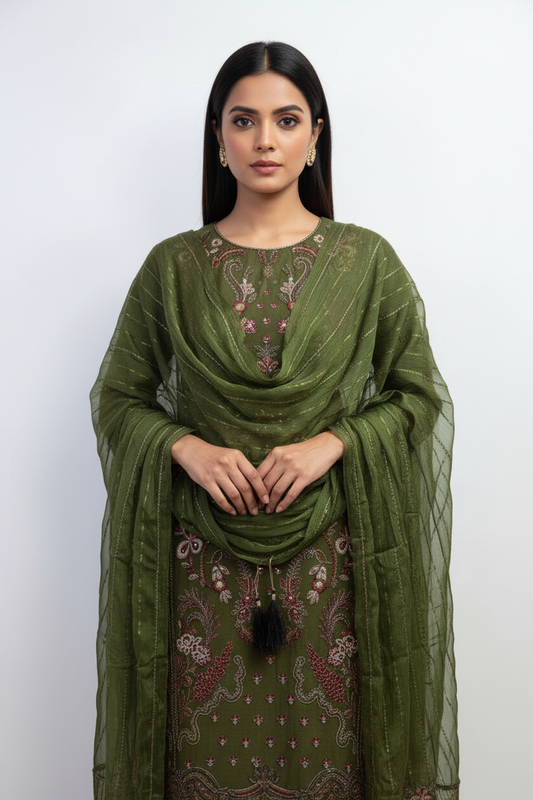 Olive Green Embroidered Suit