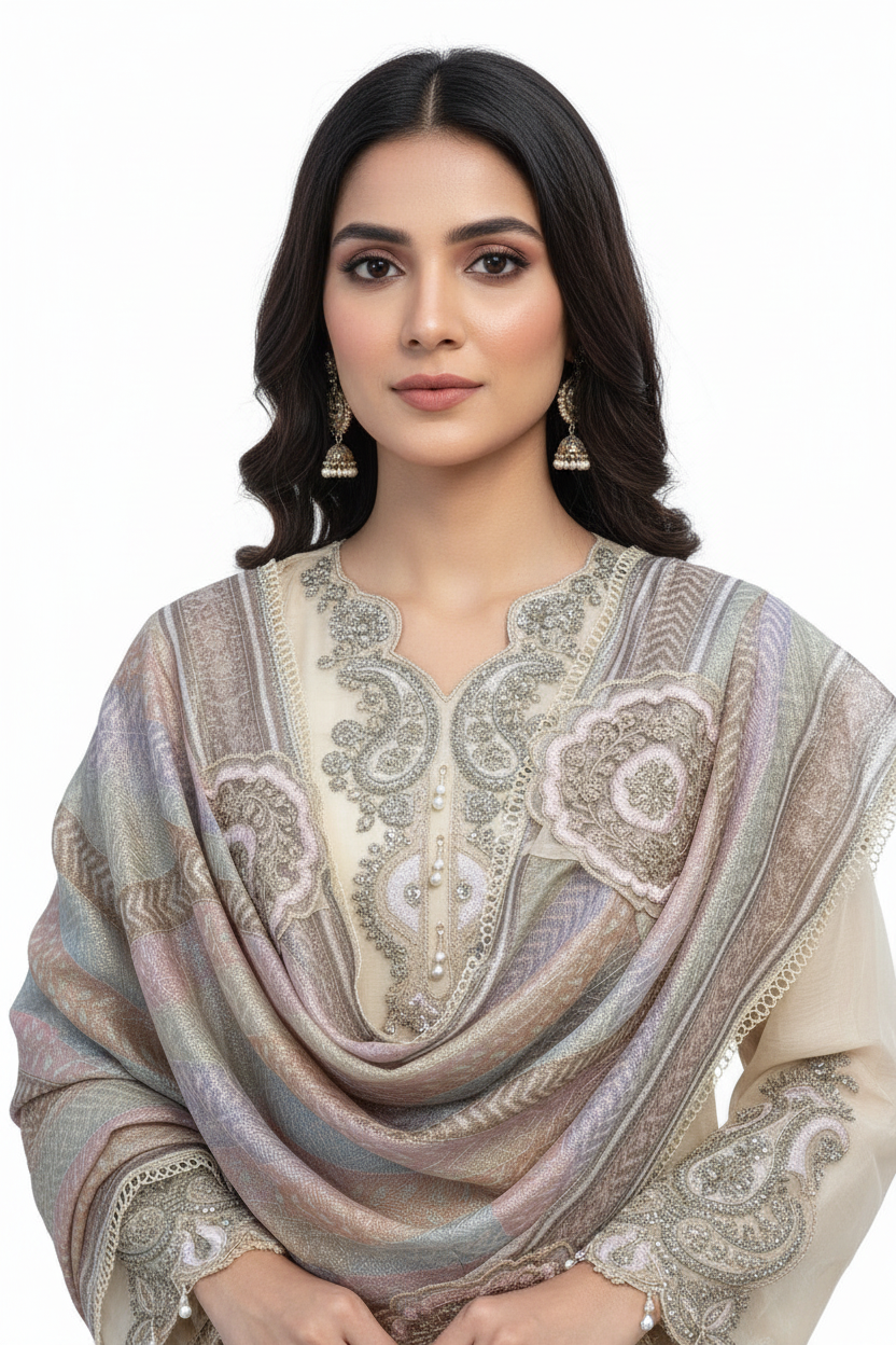 Elegant Ivory Embroidered Suit Set with Pastel Organza Dupatta