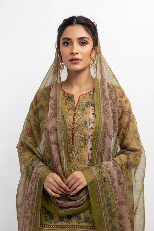 Olive Green Embroidered 3-Piece Suit