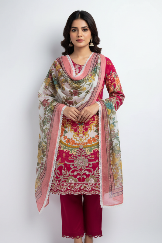 Pink Floral Printed 3-Piece Suit