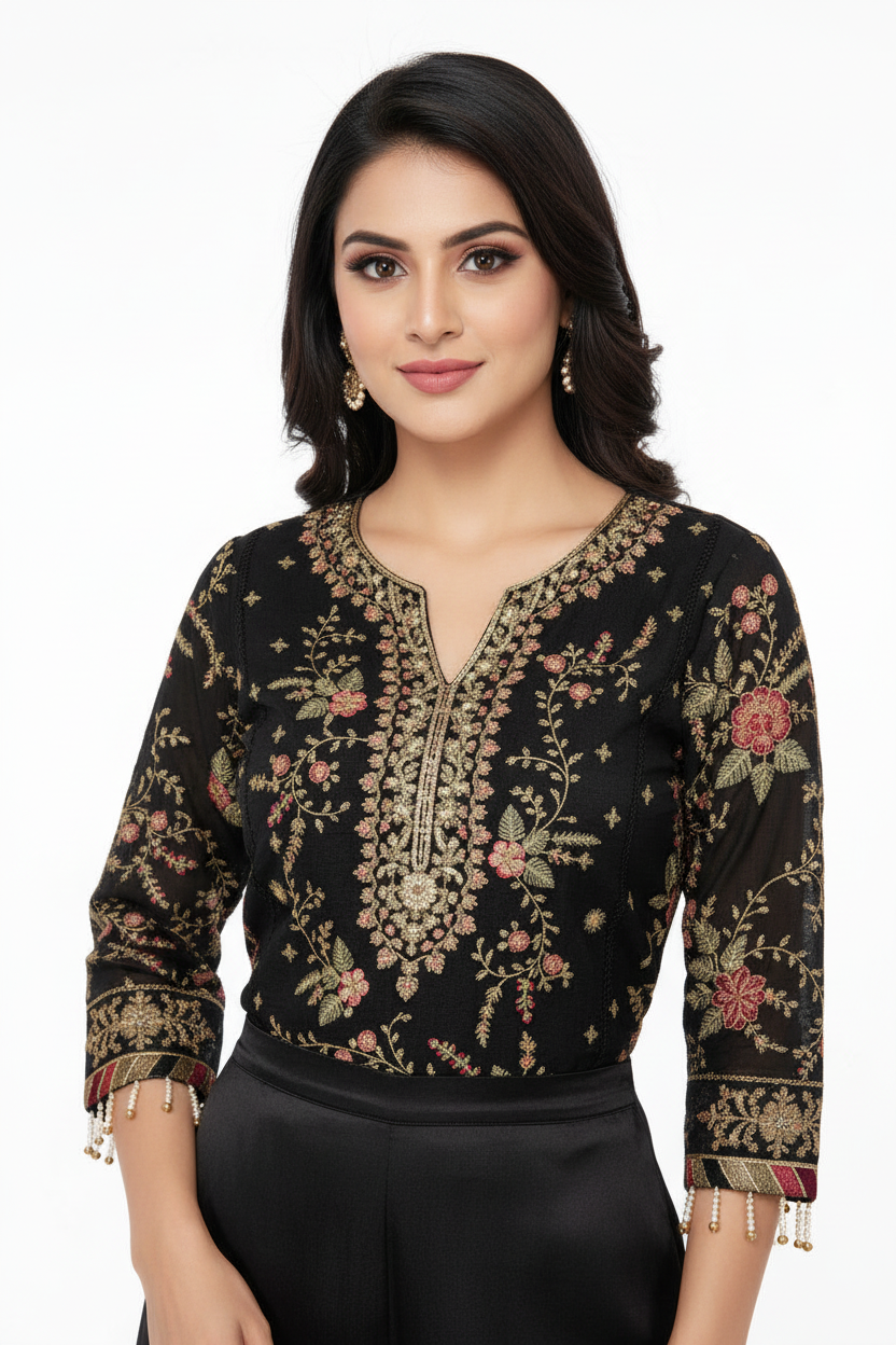 Elegant Black Embroidered Pakistani Style Suit Set with Flared Palazzo & Dupatta