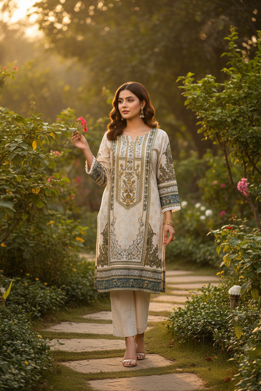 Cream Mughal Printed 2-Piece Suit Set