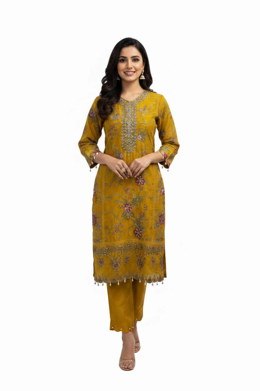 Luxury Mustard Yellow Embroidered Suit Set for Women