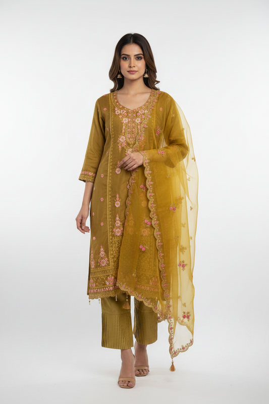 Mustard Yellow Organza Embroidered Suit