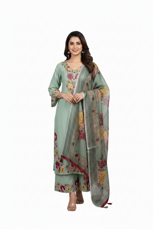Sage Green Flowy Anarkali Suit with Dupatta
