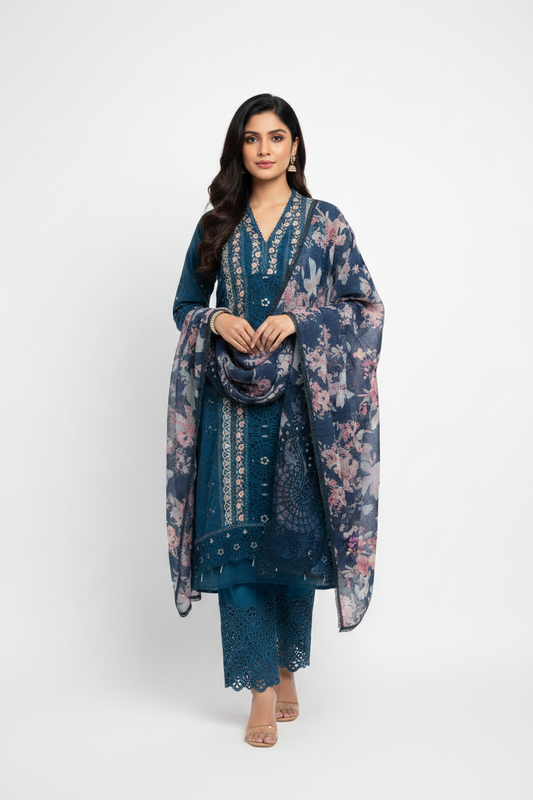 Teal Blue Cotton Printed Suit