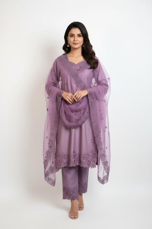 Lavender Purple Embroidered Suit Set with Dupatta