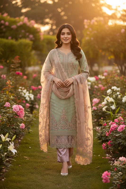Sage Green Rose Gold Embroidered Suit Set