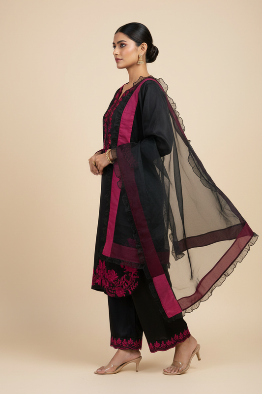 Black Magenta Embroidered Suit - Side View