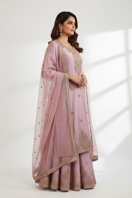 Dusty Pink Organza Kurta Skirt Set - Side View
