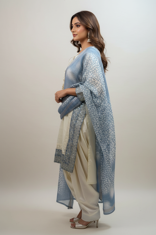 Ivory Steel Blue Brocade Suit - Side View