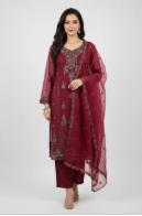 Maroon Organza Embroidered Suit