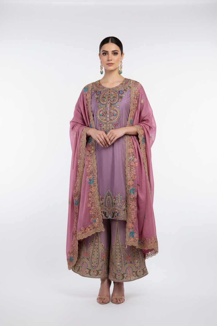 Lavender Zardozi Embroidered 3-Piece Suit Set