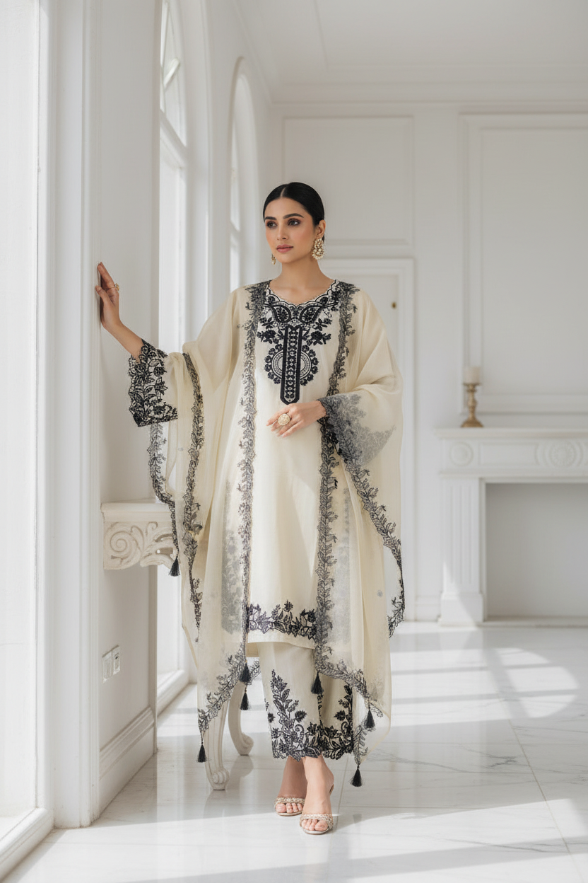 Cream Embroidered Suit Set