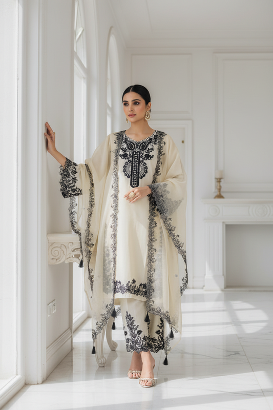 Cream Embroidered Suit Set