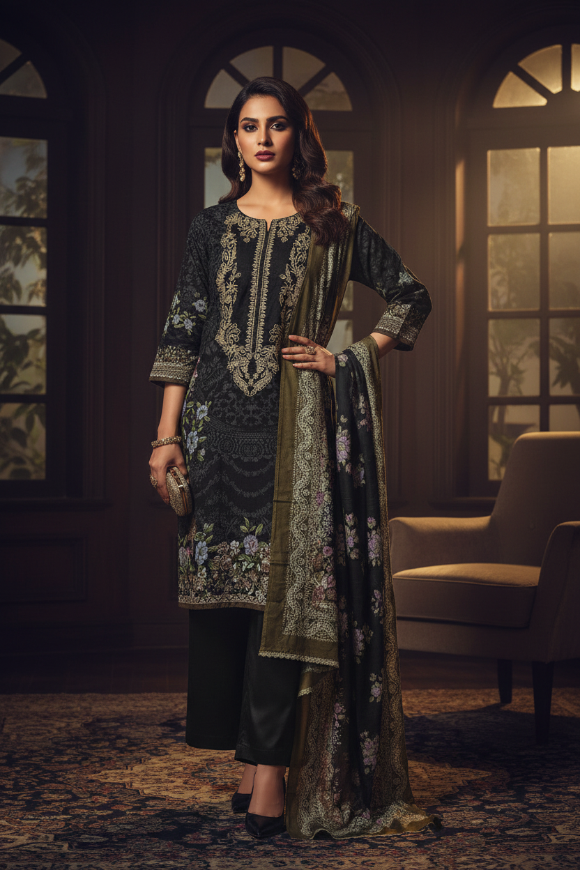 Black Floral Embroidered Suit Set