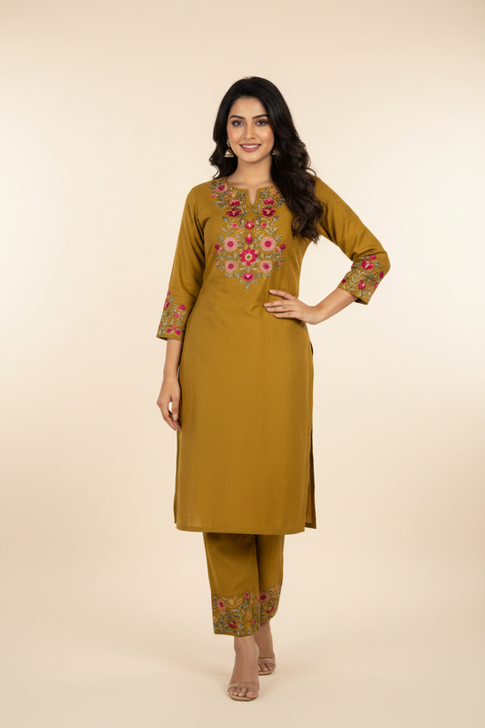 Mustard Floral Embroidered Cotton Suit