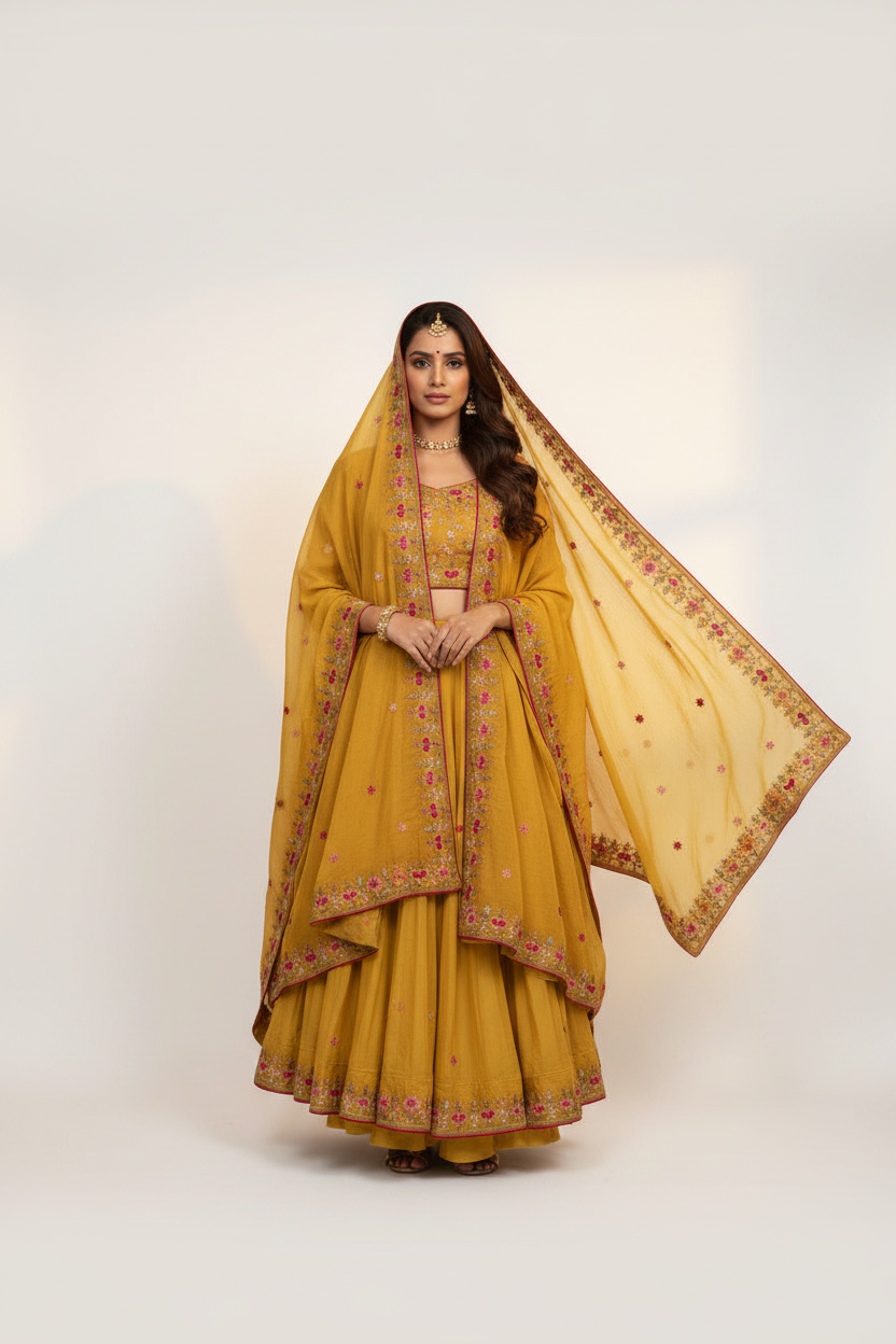 Mustard Floral Embroidered Cotton Suit