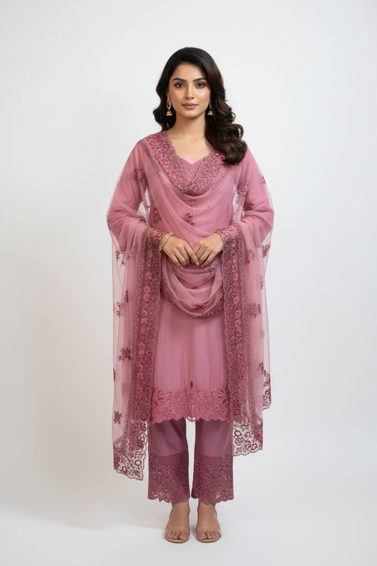 Dusty Pink Embroidered Suit Set with Dupatta