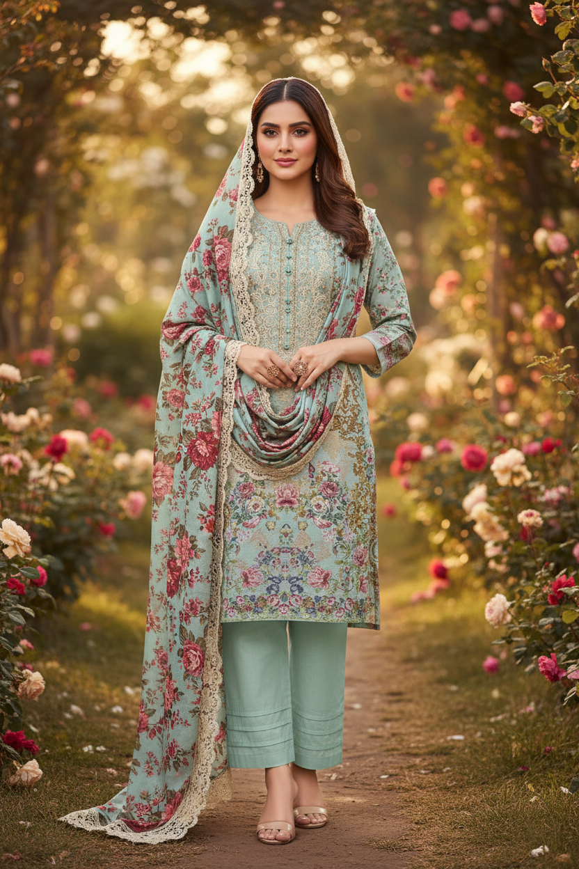 Mint Green Floral Embroidered Suit Set