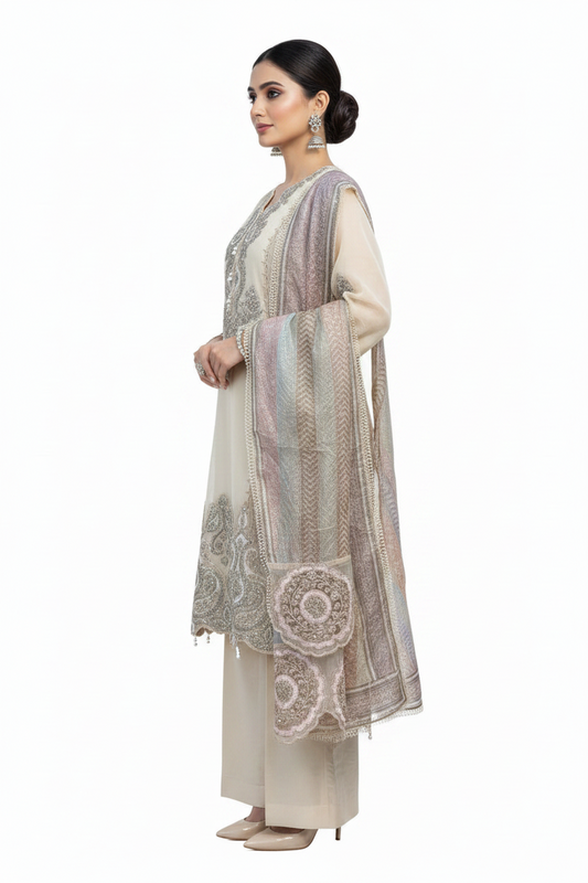 Elegant Ivory Embroidered Suit Set with Pastel Organza Dupatta