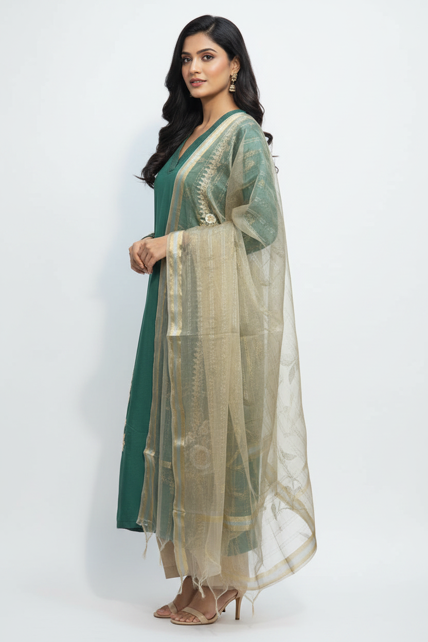 Elegant Teal Green Embroidered Suit Set with Organza Dupatta
