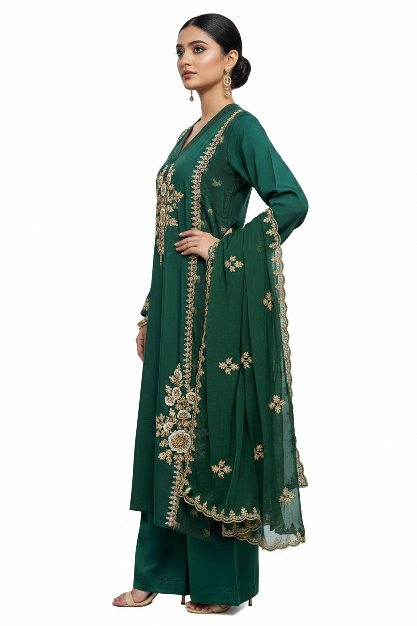 Royal Emerald Green Embroidered Suit Set with Dupatta for Women