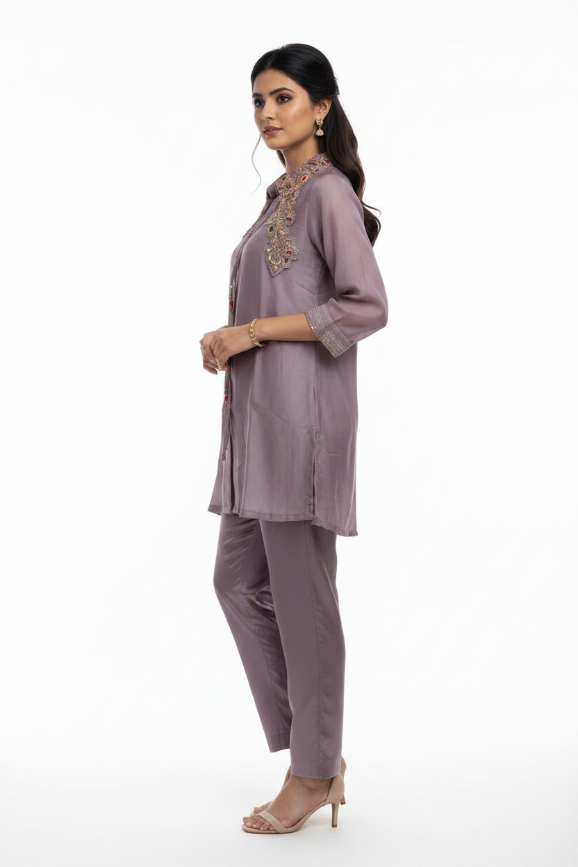Mauve Embroidered Frock Suit with Cigarette Pants