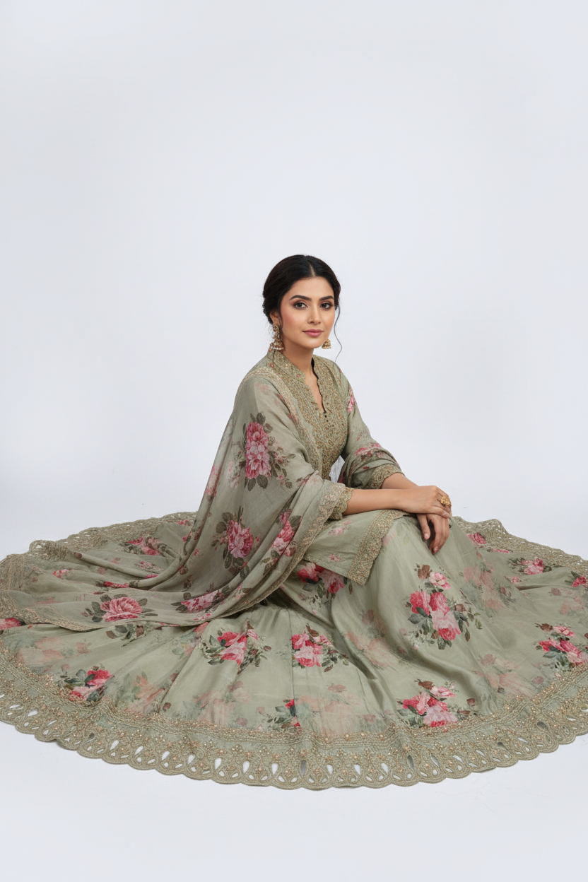 Elegant Sage Green Floral Printed Suit Set with Designer Dupatta