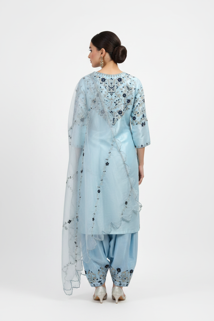Sky Blue Embroidered Suit Set with Dupatta